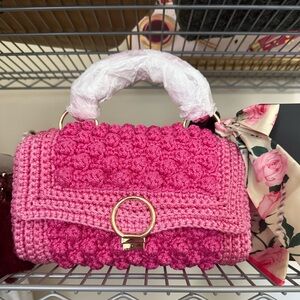 Handcrafted crochet pink top handle or Crossbody bag with guitar strap